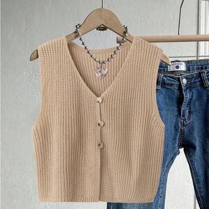 Shein Franclia Plus Size Casual Tan V-Neck Button Ribbed Knit Sweater Vest Soft